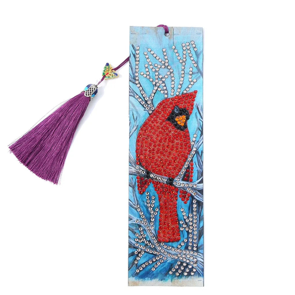 Handmade 5D diamond painting bookmark with red bird design, leather body, pendant, 21cm x 6cm