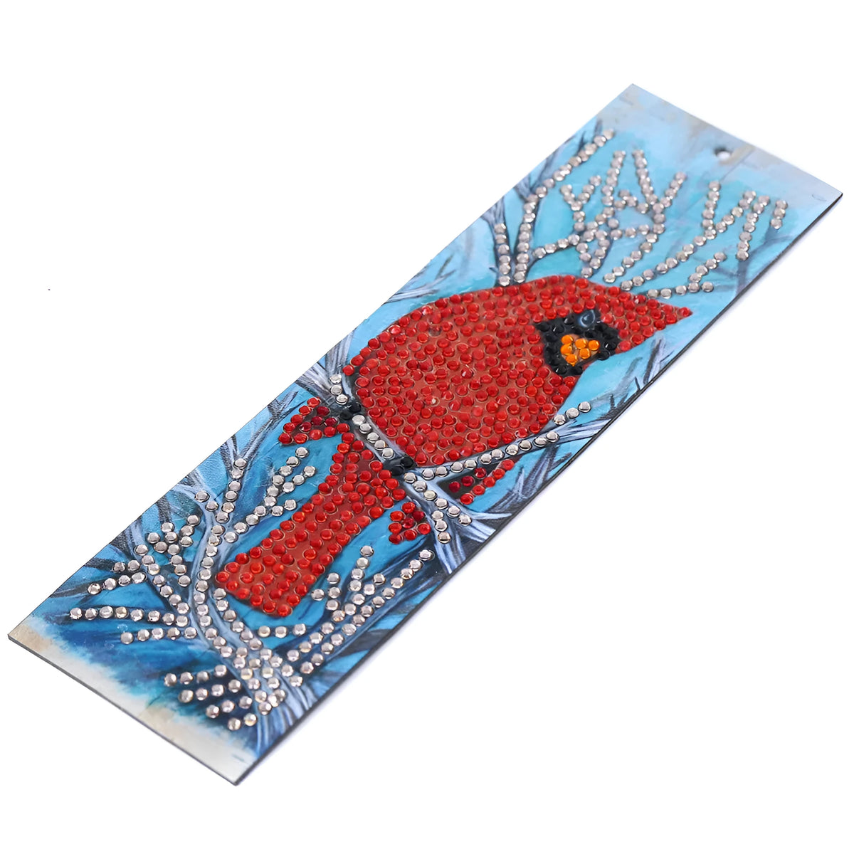 Handmade 5D diamond painting bookmark with red bird design, leather body, pendant, 21cm x 6cm