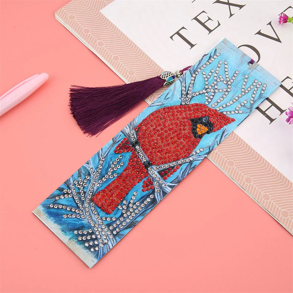 Handmade 5D diamond painting bookmark with red bird design, leather body, pendant, 21cm x 6cm