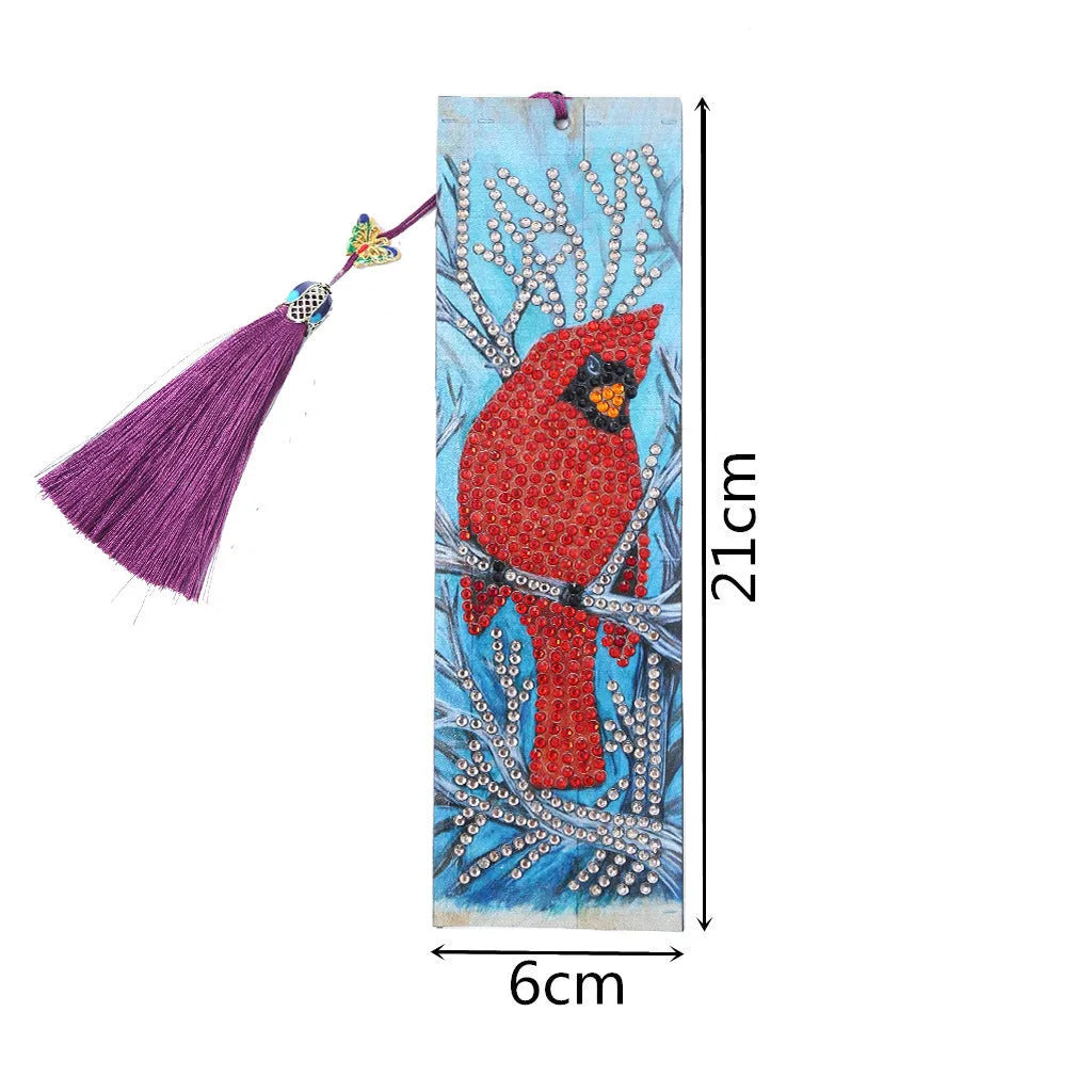Handmade 5D diamond painting bookmark with red bird design, leather body, pendant, 21cm x 6cm