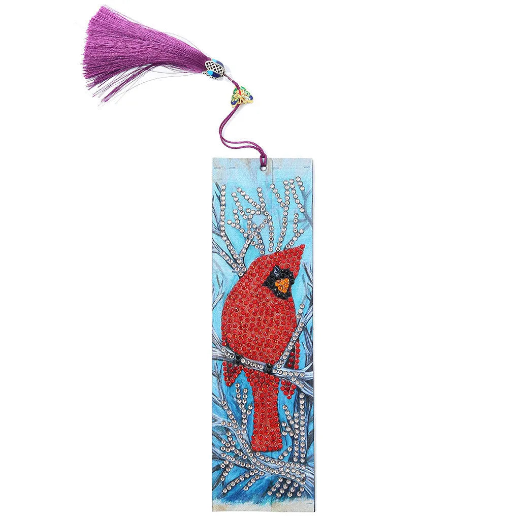 Handmade 5D diamond painting bookmark with red bird design, leather body, pendant, 21cm x 6cm