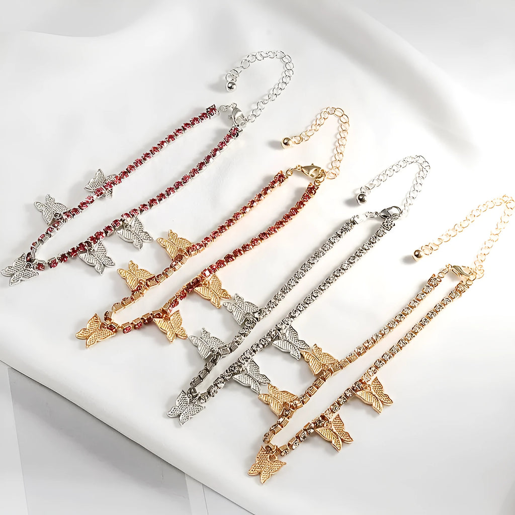Rhinestone butterfly Cuban link anklet for women with zirconia accents on adjustable chain, silver colour option