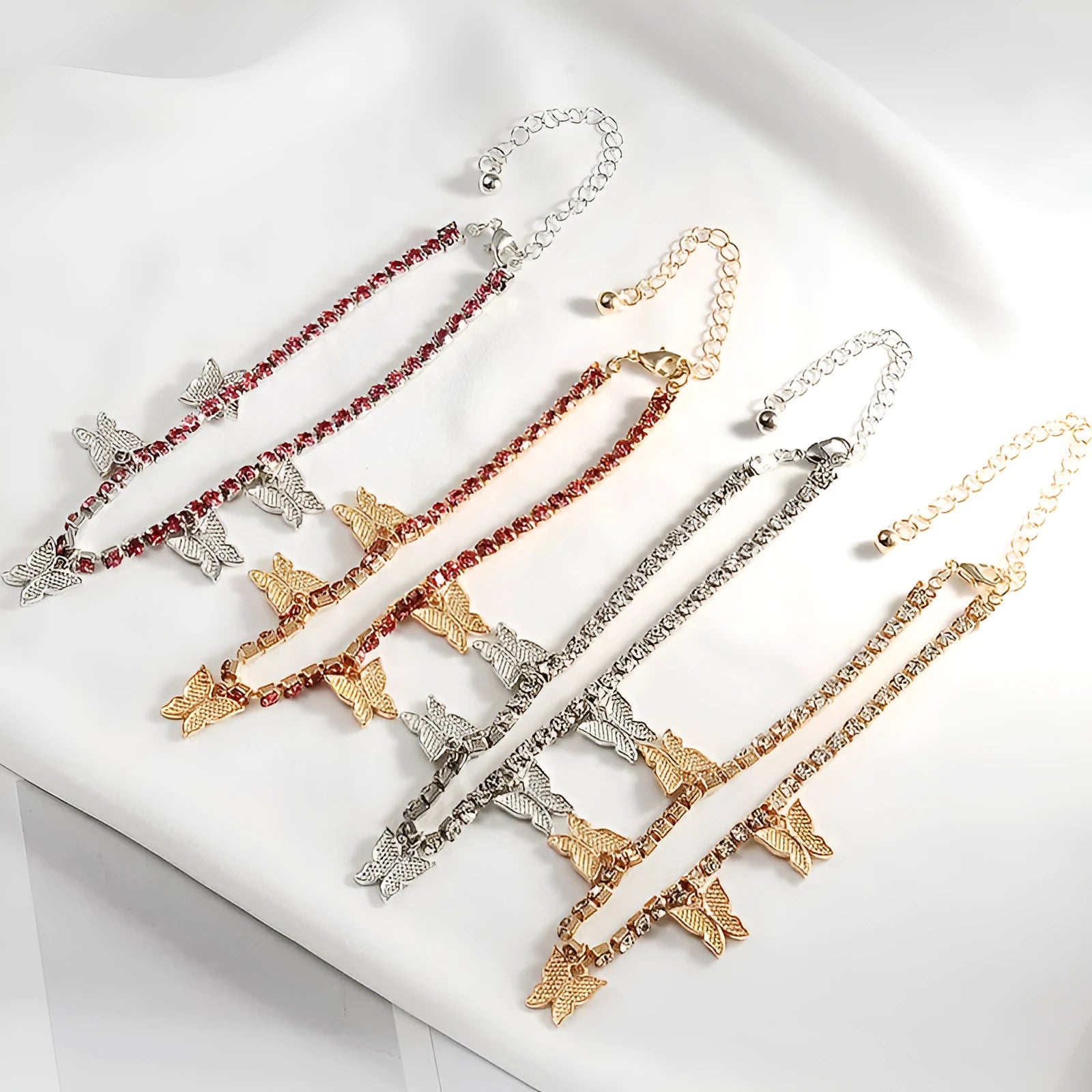 Rhinestone butterfly Cuban link anklet for women with zirconia accents on adjustable chain, silver colour option