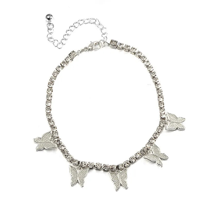 Rhinestone butterfly Cuban link anklet for women with zirconia accents on adjustable chain, silver colour option