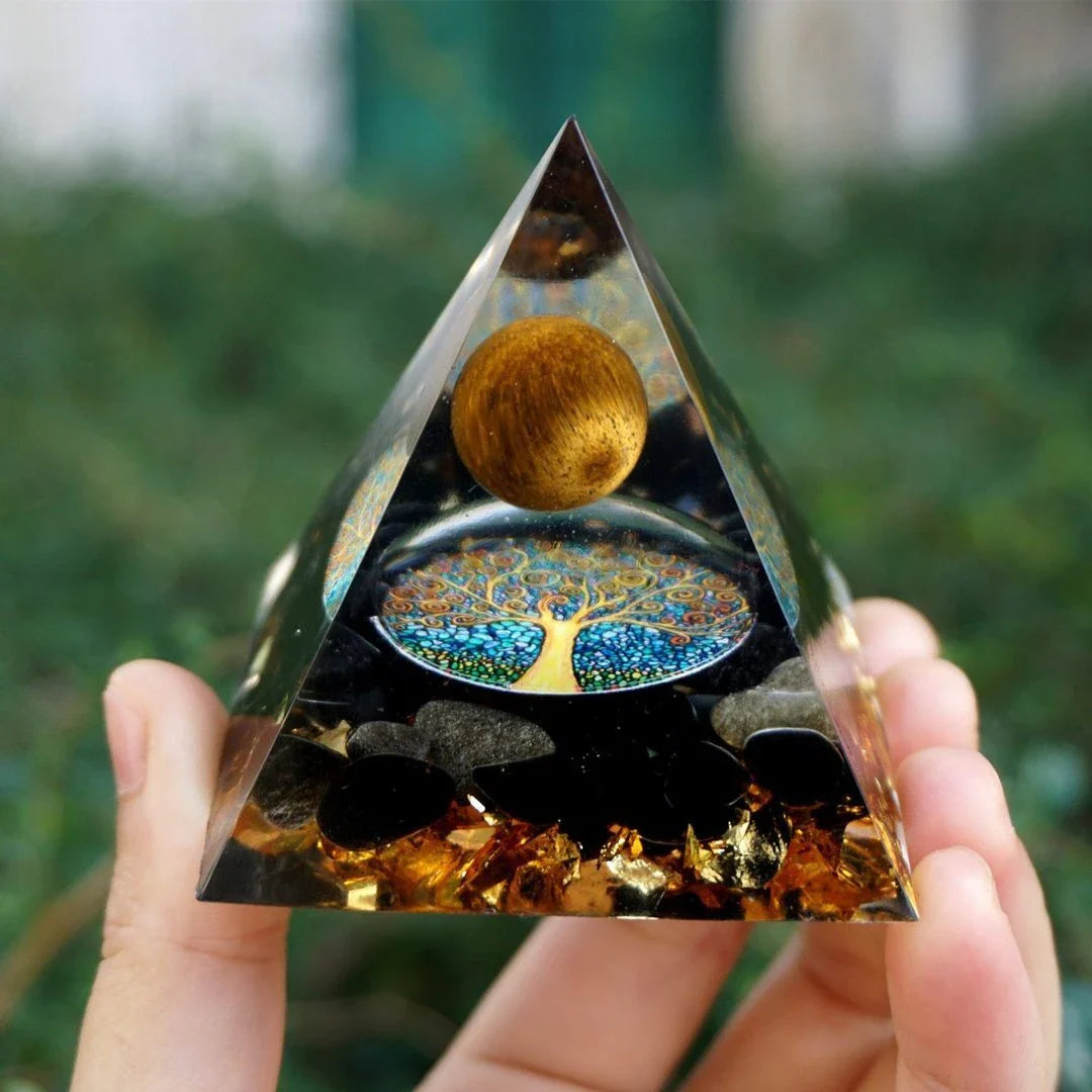 Premium Tiger's Eye Orgonite Pyramid with Amethyst, Calming Meditation Accessory for Balancing Energy and Purifying Space