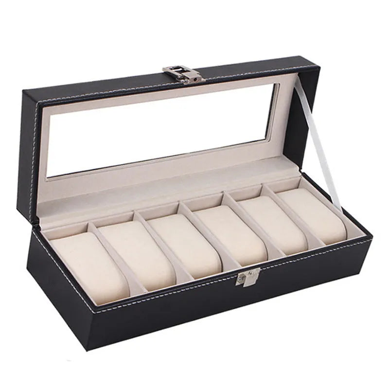 Black wooden watch storage box with six display windows showing watch compartments