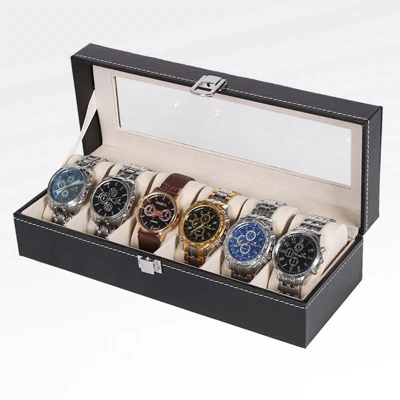 Black wooden watch storage box with six display windows showing watch compartments