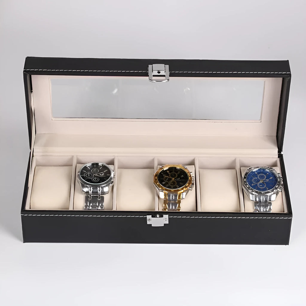 Black wooden watch storage box with six display windows showing watch compartments