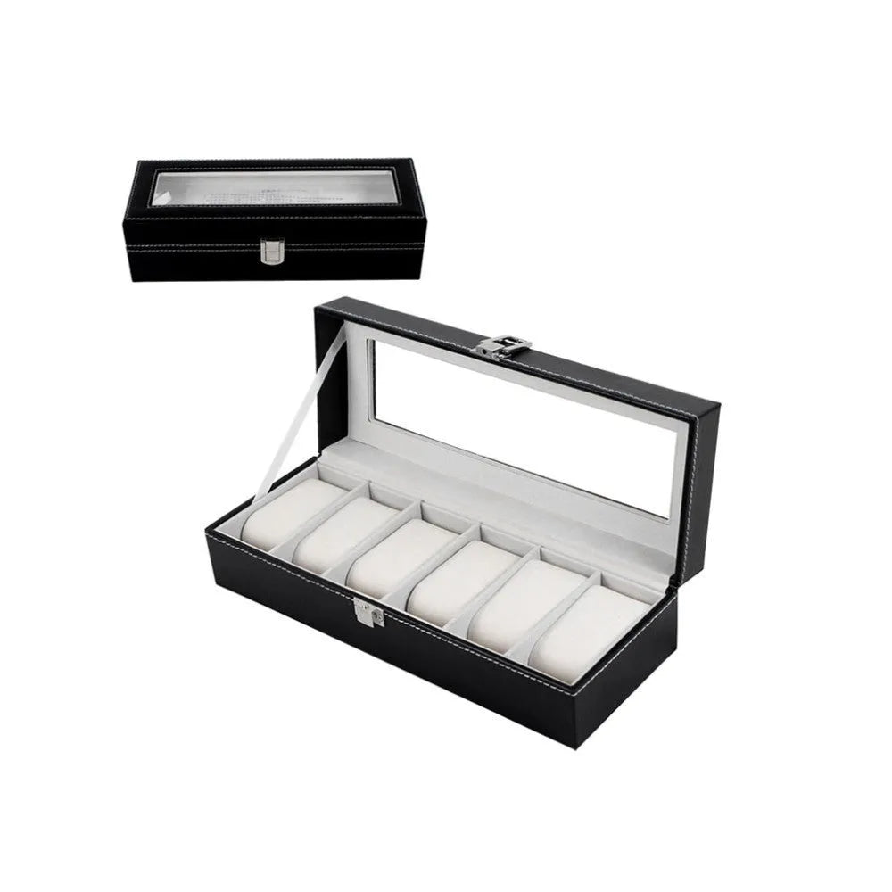Black wooden watch storage box with six display windows showing watch compartments