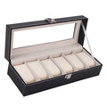 Black wooden watch storage box with six display windows showing watch compartments