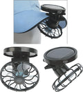 Black portable solar-powered clip-on fan for outdoor cooling during camping or fishing.