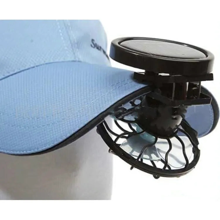 Black portable solar-powered clip-on fan for outdoor cooling during camping or fishing.