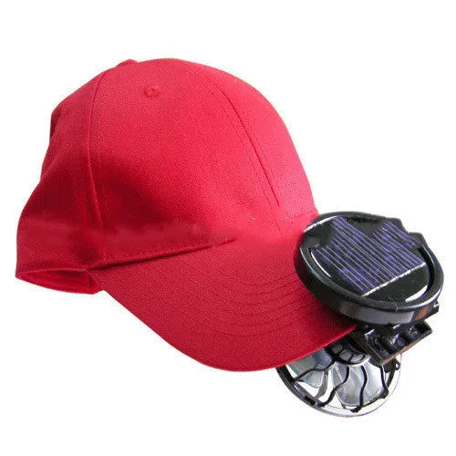 Black portable solar-powered clip-on fan for outdoor cooling during camping or fishing.
