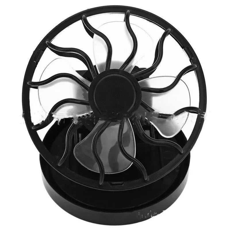 Black portable solar-powered clip-on fan for outdoor cooling during camping or fishing.