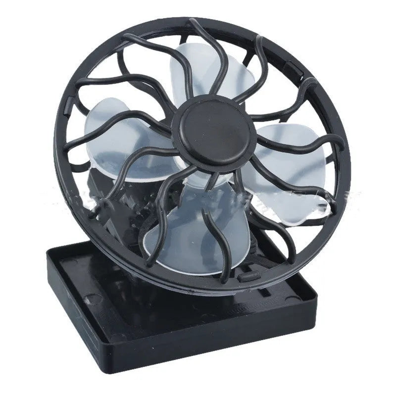 Black portable solar-powered clip-on fan for outdoor cooling during camping or fishing.