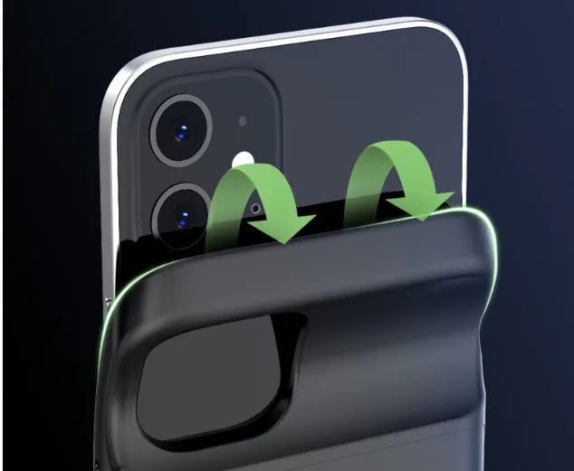 Black ultra-thin wireless back clip battery pack for iPhone 12 series, showing side profile and clip.