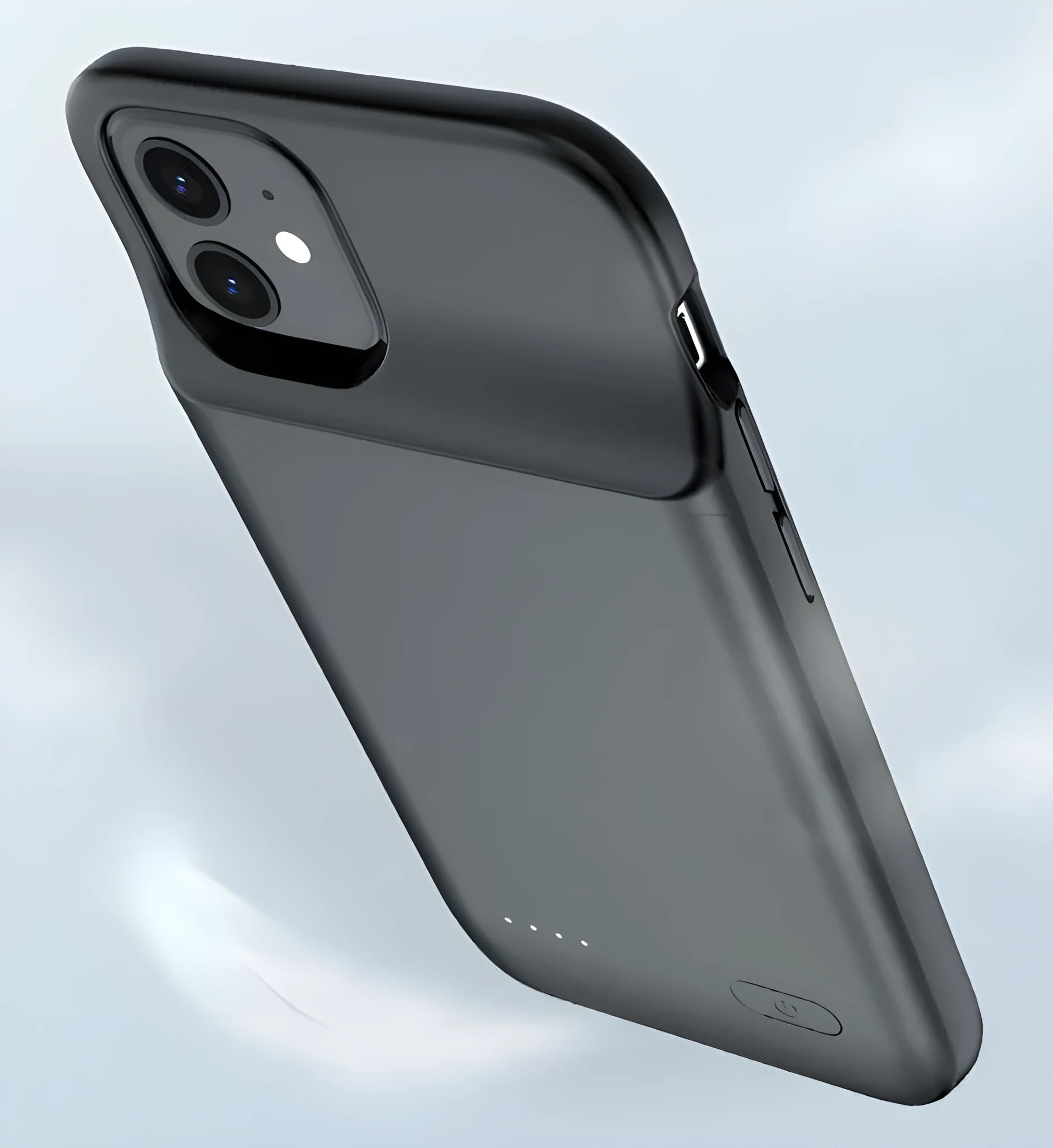 Black ultra-thin wireless back clip battery pack for iPhone 12 series, showing side profile and clip.
