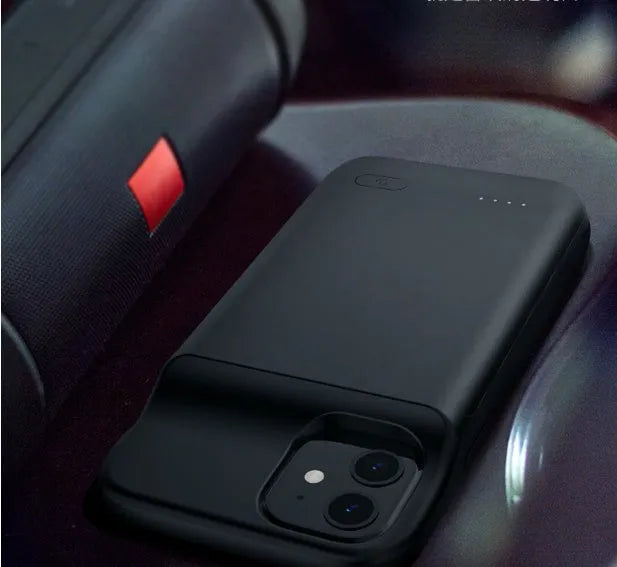 Black ultra-thin wireless back clip battery pack for iPhone 12 series, showing side profile and clip.