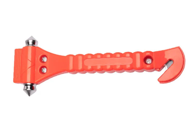 Red car emergency hammer with window breaker and seatbelt cutter made from ABS and carbon steel