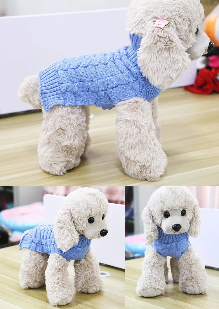 Cashmere twisted rope texture dog sweater in wool material showing size measurements