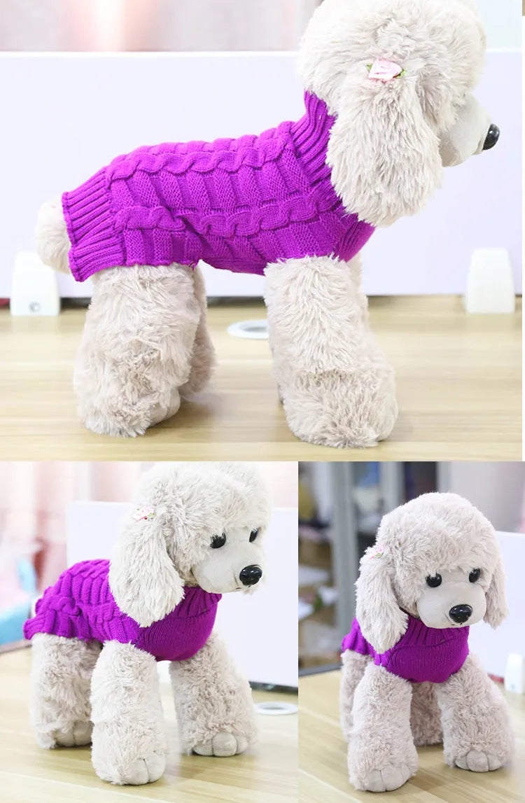 Cashmere twisted rope texture dog sweater in wool material showing size measurements