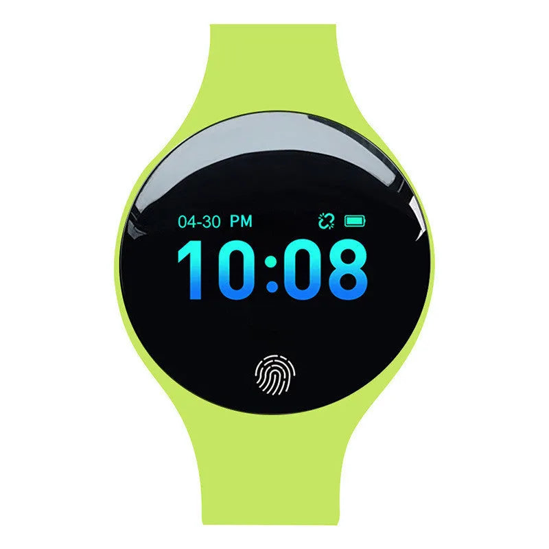 Bluetooth smart watch with pedometer on a wrist, showing a black strap and a digital screen.