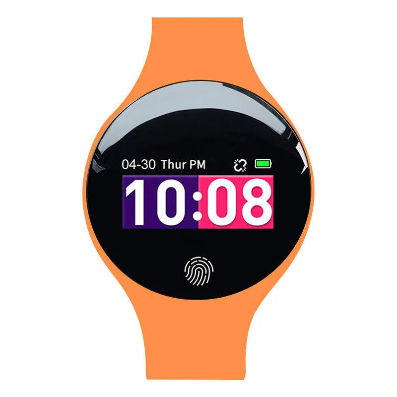 Bluetooth smart watch with pedometer on a wrist, showing a black strap and a digital screen.