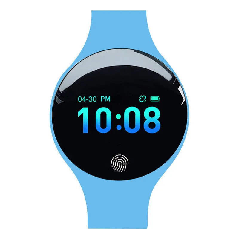 Bluetooth smart watch with pedometer on a wrist, showing a black strap and a digital screen.