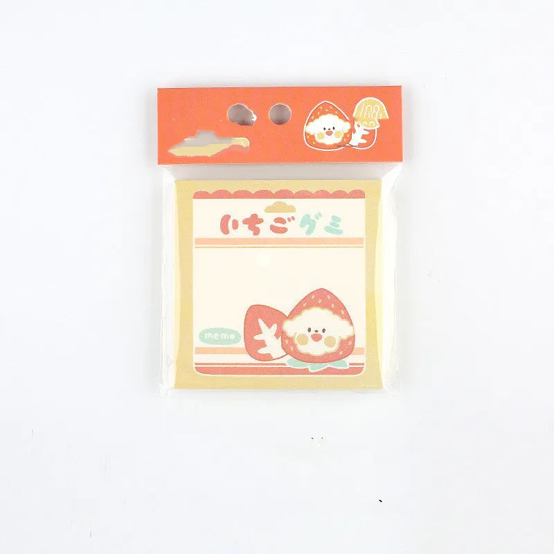 Minkys Kawaii memo pad with milk strawberry design showing 80mm square size and 100 paper sheets.