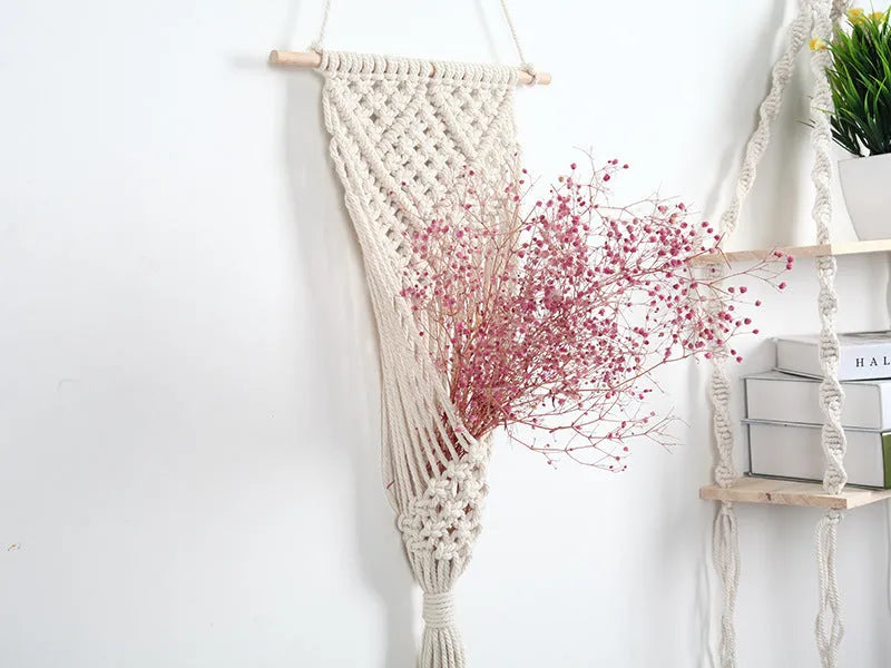 White woven cotton flower basket wall decoration with rectangular grid pattern measuring 30x70cm