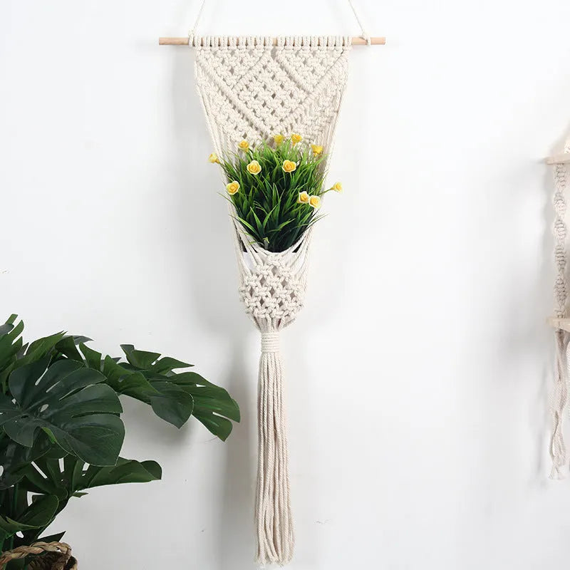 White woven cotton flower basket wall decoration with rectangular grid pattern measuring 30x70cm