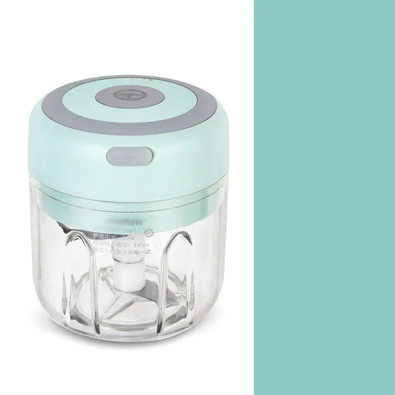 Mini electric garlic chopper with stainless steel blade and USB charging cable in green colour