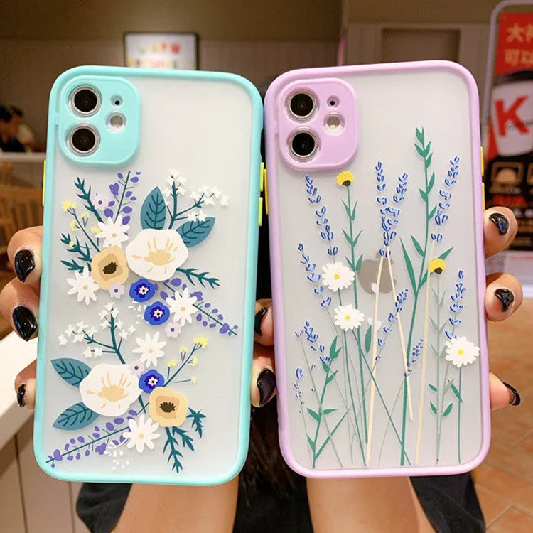 Cartoon floral design TPU phone case with contrasting matte frame for iPhone