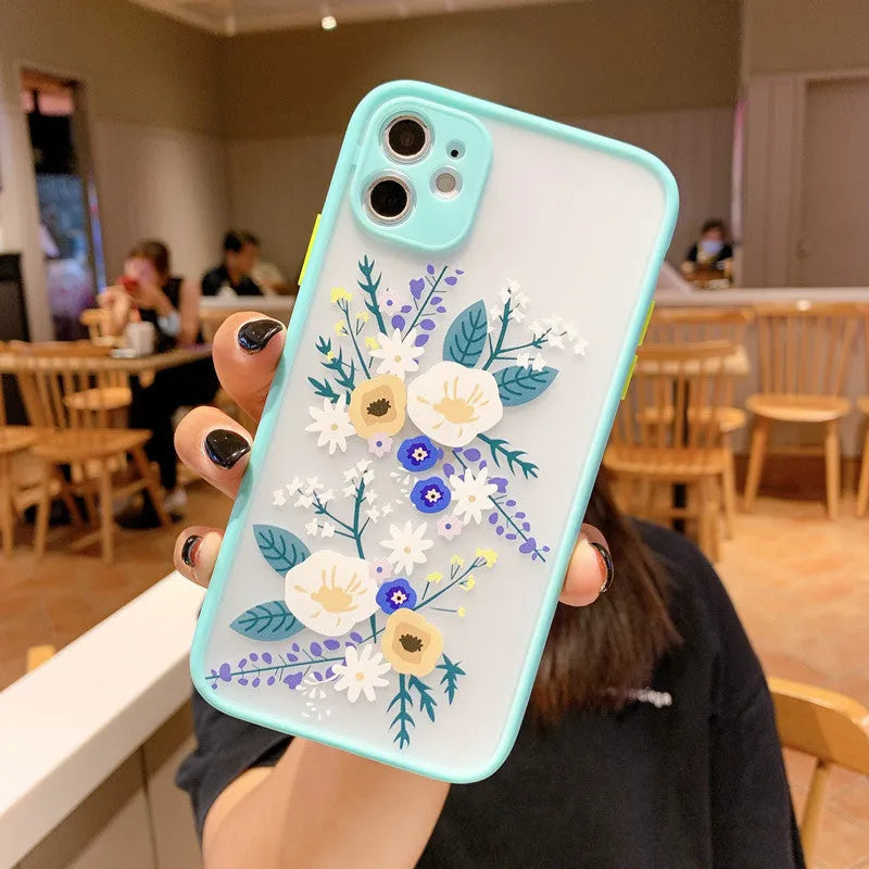 Cartoon floral design TPU phone case with contrasting matte frame for iPhone