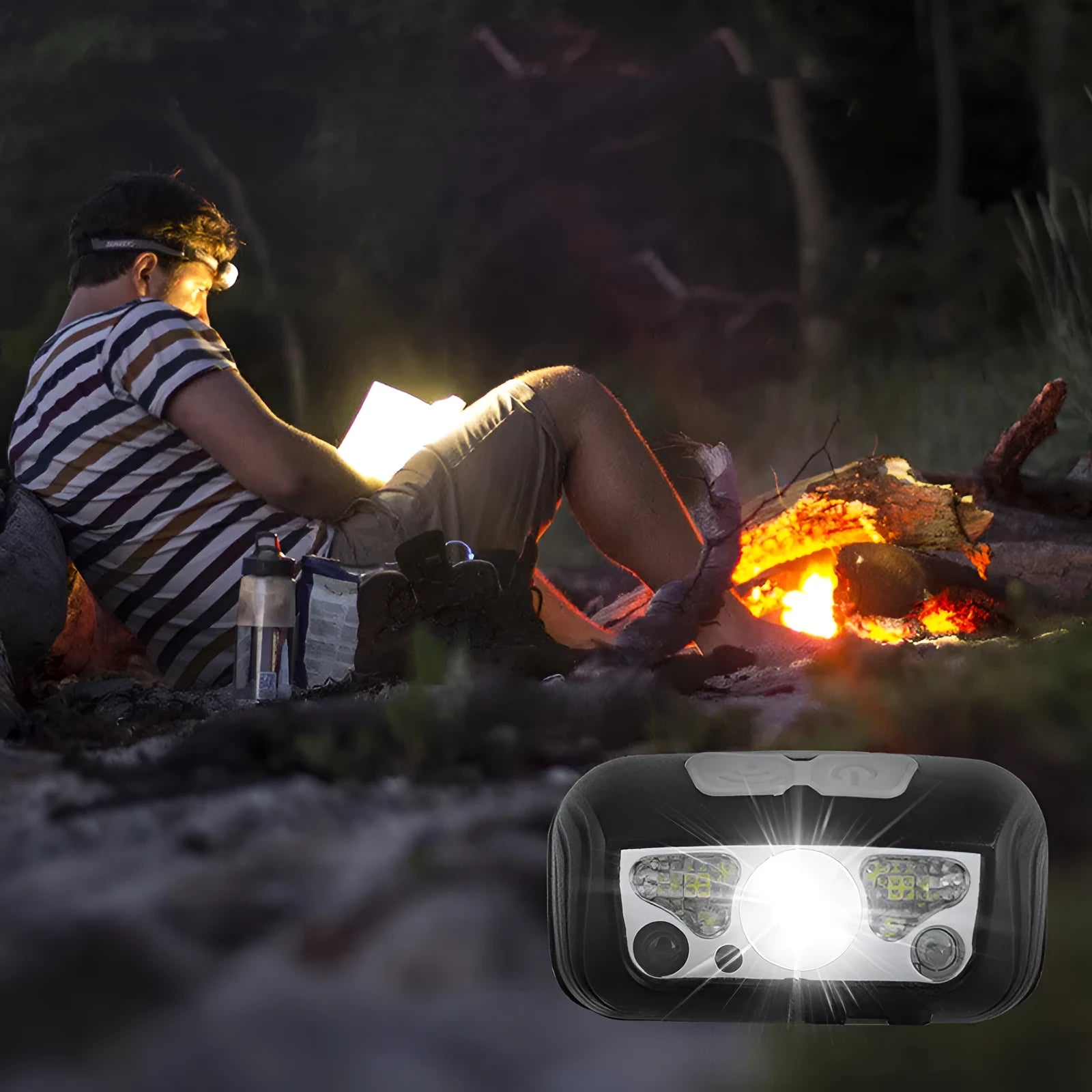Black sensor headlight with motion control and USB charging port for outdoor use