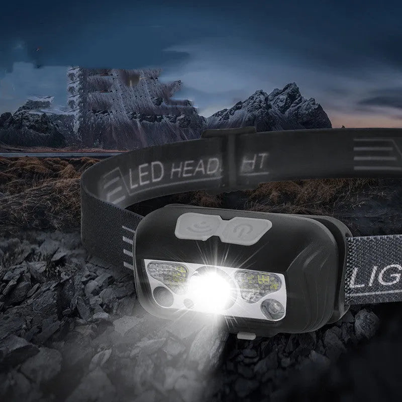 Black sensor headlight with motion control and USB charging port for outdoor use