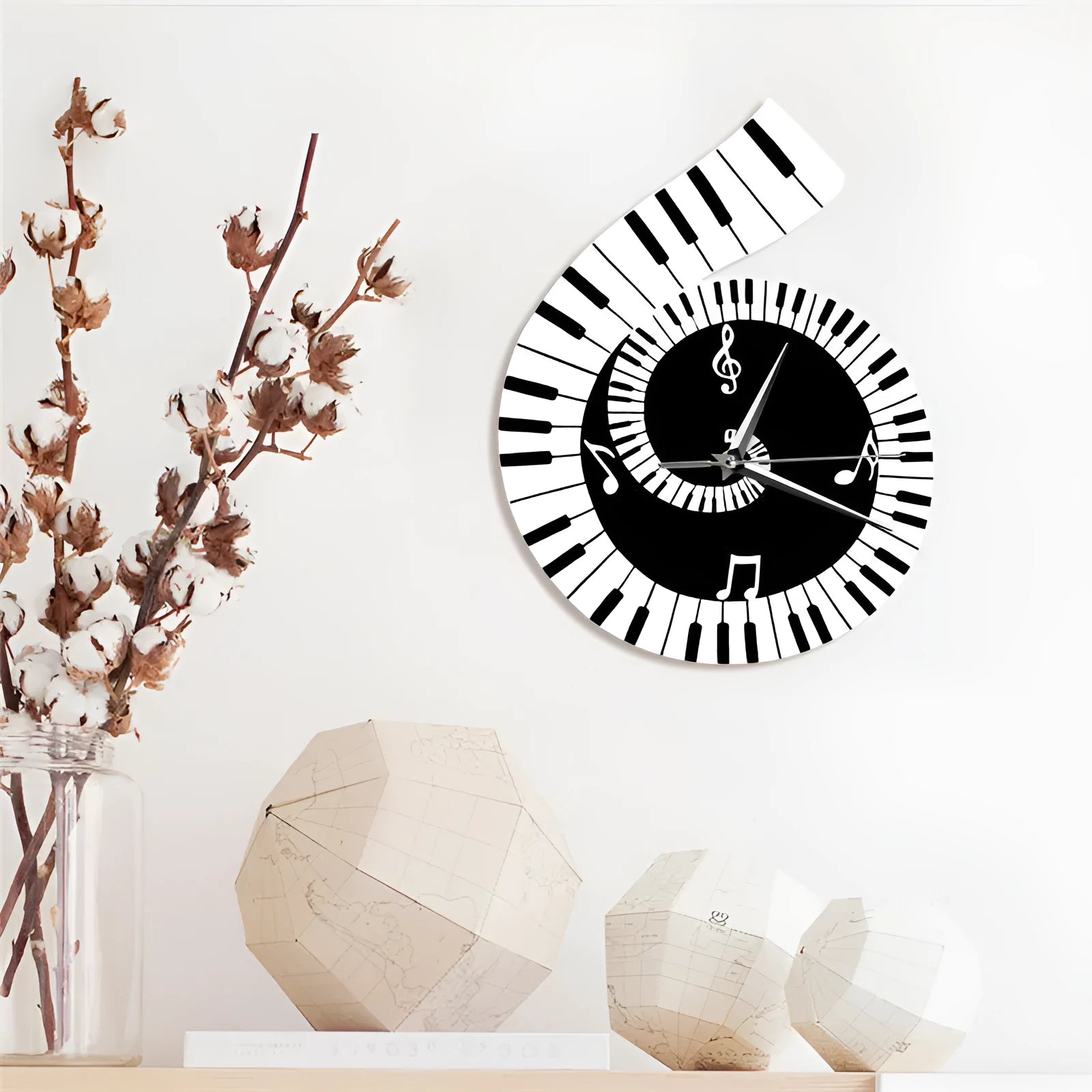 Black and white treble clef piano keyboard shaped wall clock with musical notes decoration