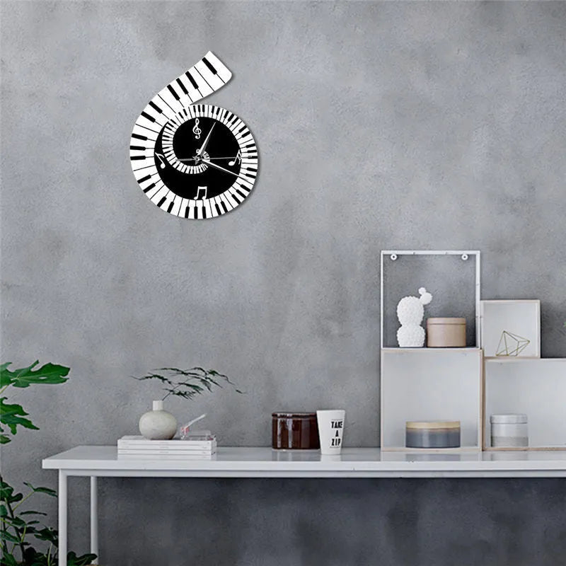 Black and white treble clef piano keyboard shaped wall clock with musical notes decoration