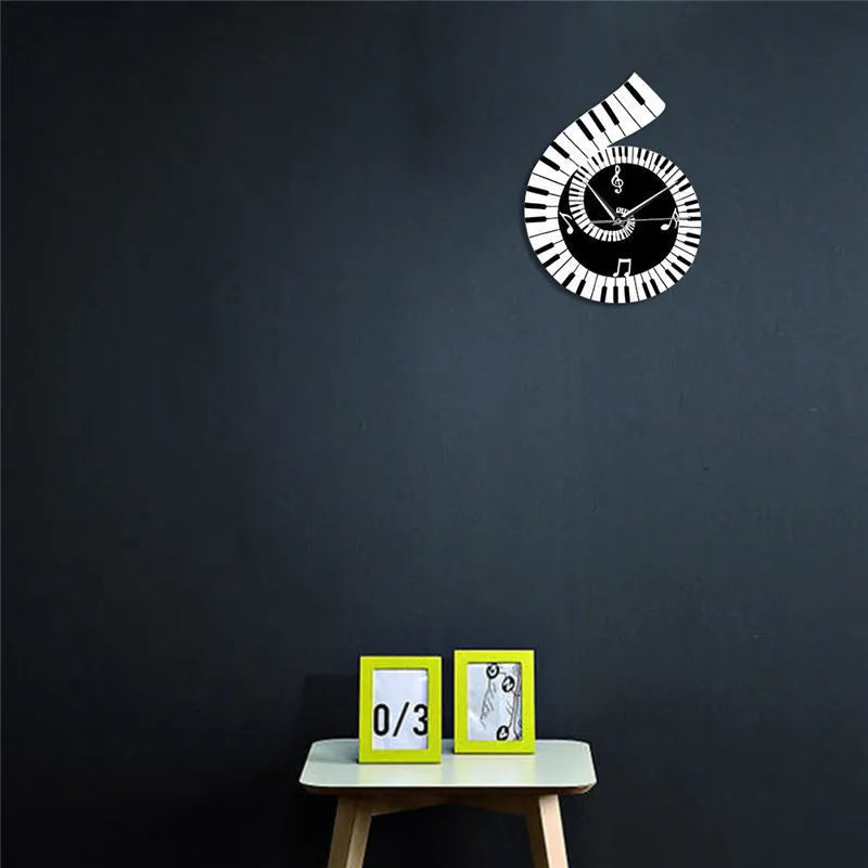 Black and white treble clef piano keyboard shaped wall clock with musical notes decoration