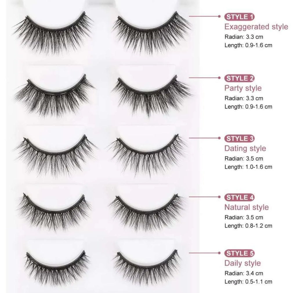 Five pairs of magnetic false eyelashes in natural, slim, thick, and European American styles with liquid eyeliner pen