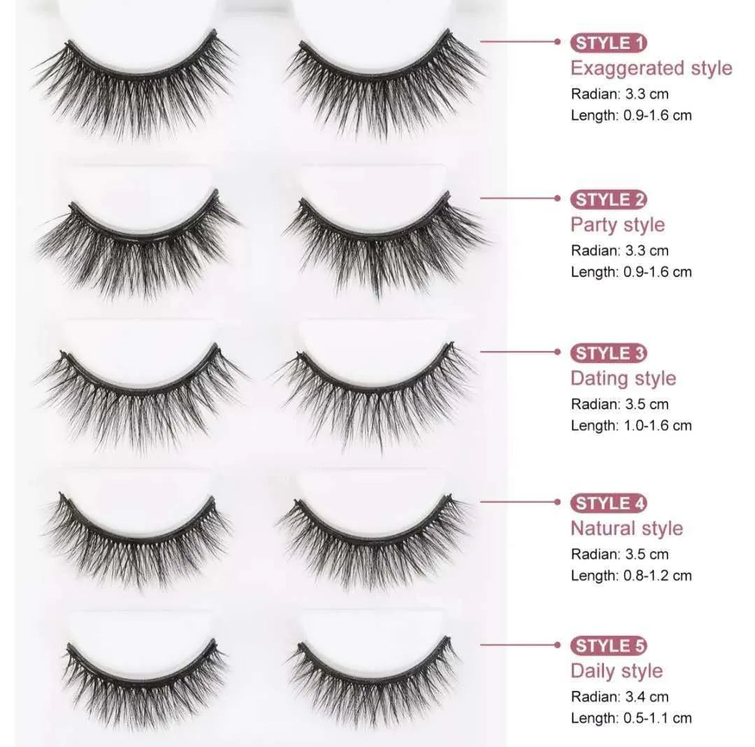 Five pairs of magnetic false eyelashes in natural, slim, thick, and European American styles with liquid eyeliner pen