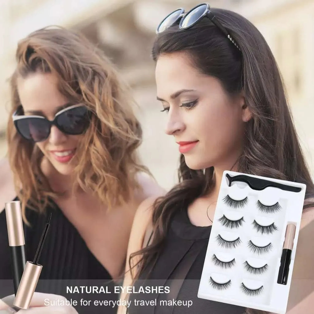Five pairs of magnetic false eyelashes in natural, slim, thick, and European American styles with liquid eyeliner pen