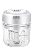 Mini electric garlic chopper with stainless steel blade and USB charging cable in green colour