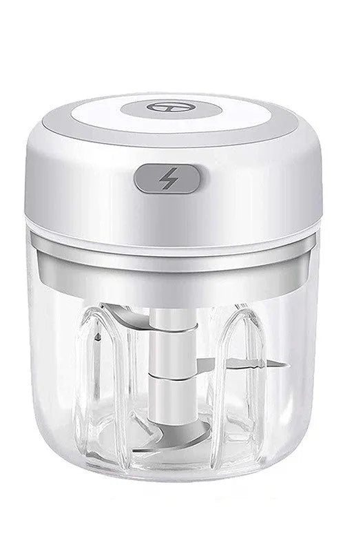 Mini electric garlic chopper with stainless steel blade and USB charging cable in green colour