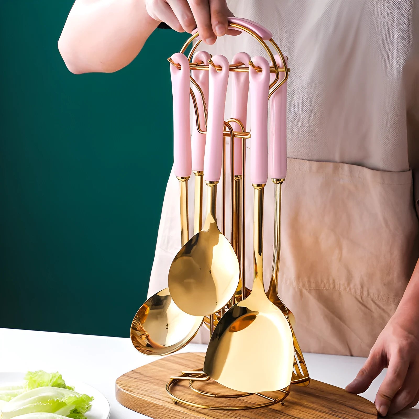 Stainless steel kitchen scoop and shovel set in black, white, pink, and green colour options