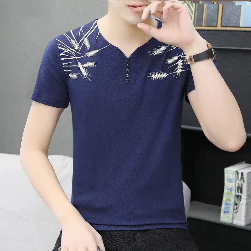 Men's pure cotton short sleeve t-shirt in white, black, and blue, available in sizes M to 4XL for casual or sports wear