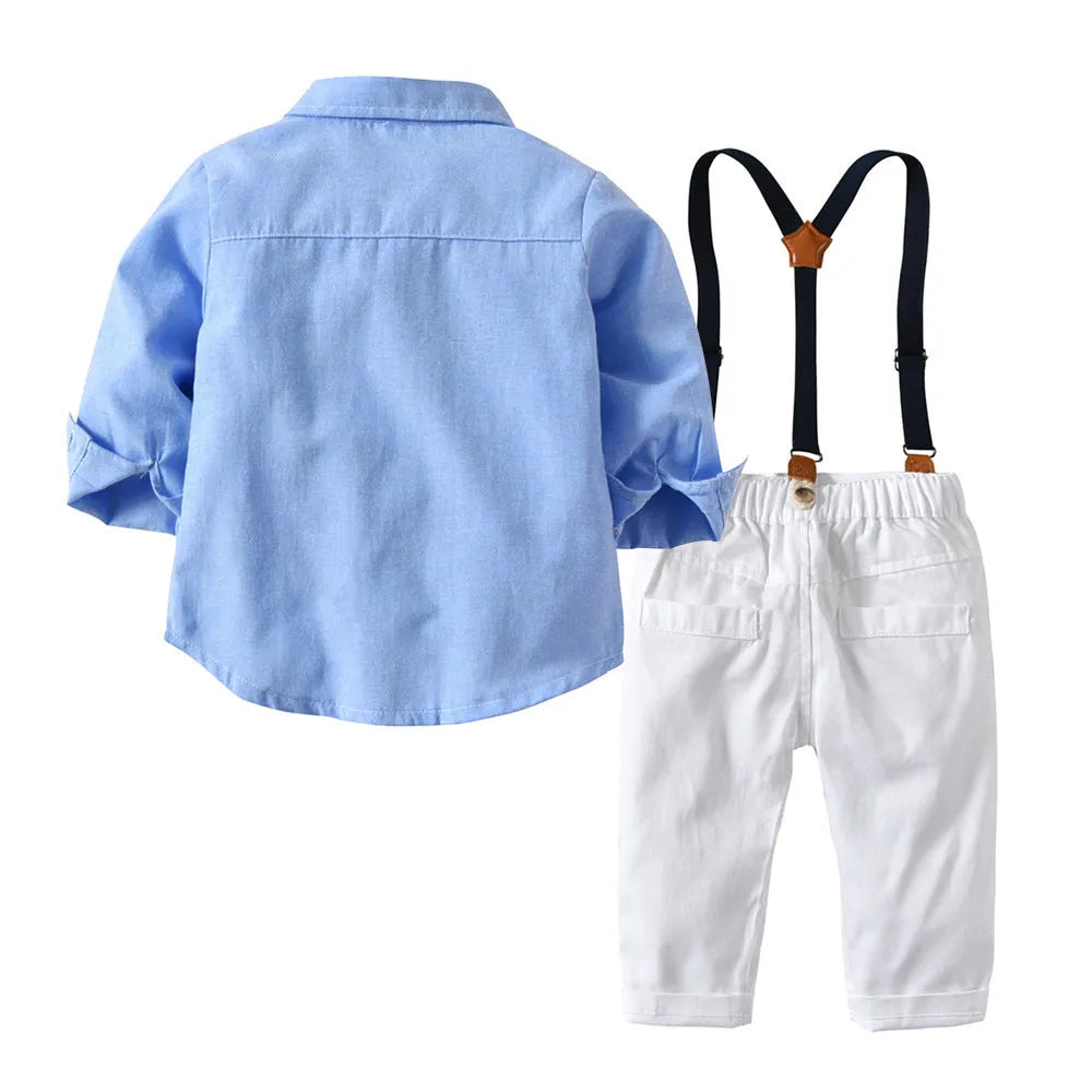 Blue boys Korean-style gentleman bib pant suit with long sleeves and coordinating bow tie