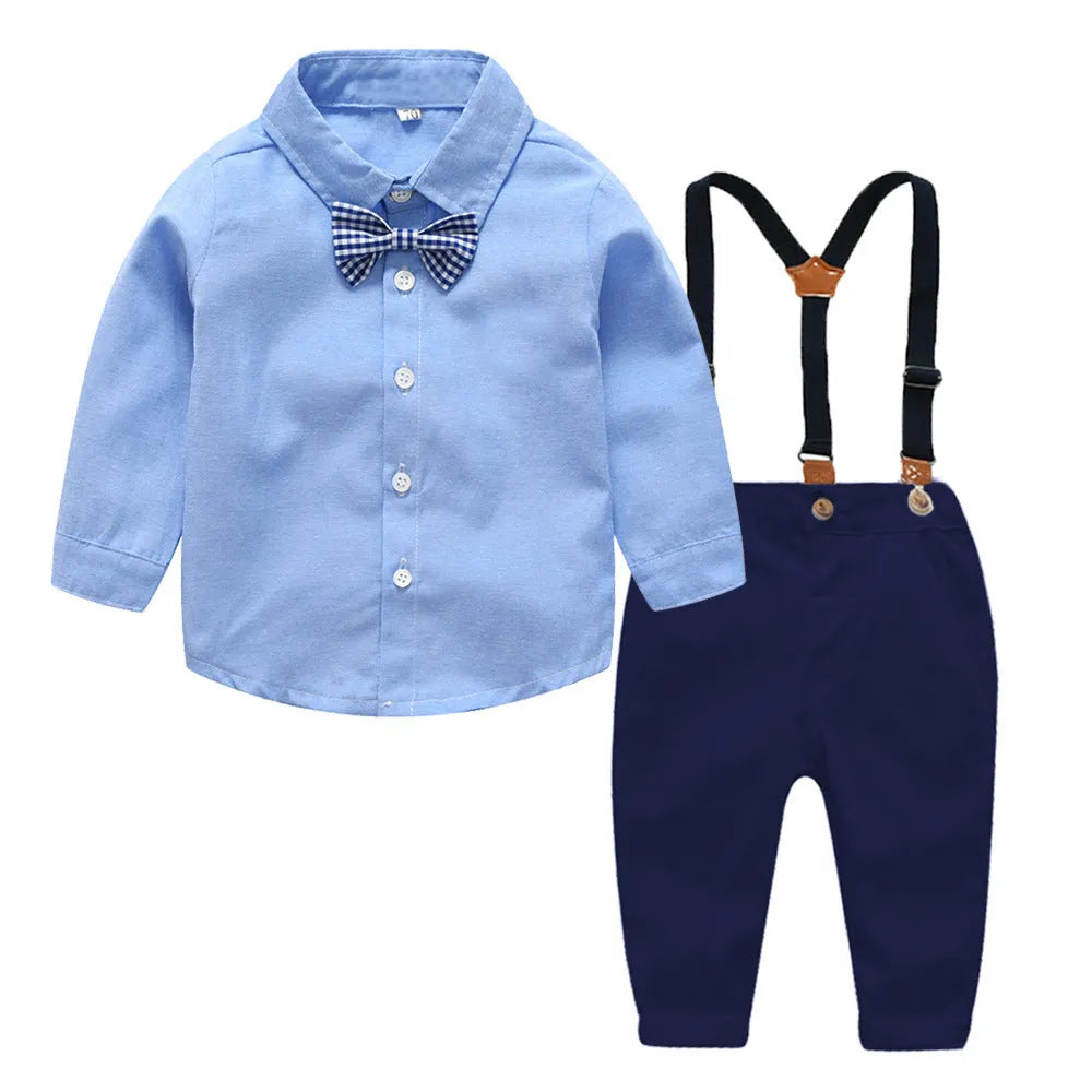 Blue boys Korean-style gentleman bib pant suit with long sleeves and coordinating bow tie