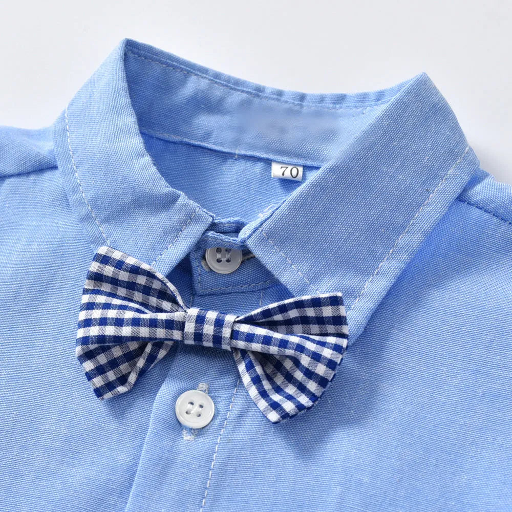 Blue boys Korean-style gentleman bib pant suit with long sleeves and coordinating bow tie