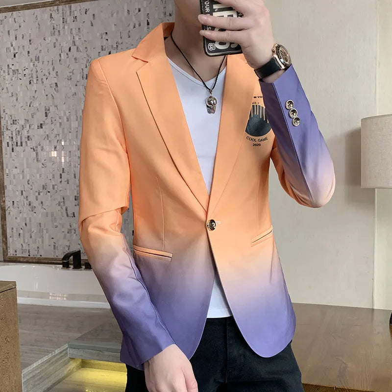 Men's Korean slim fit gradient suit jacket in khaki with one-button closure and suit collar